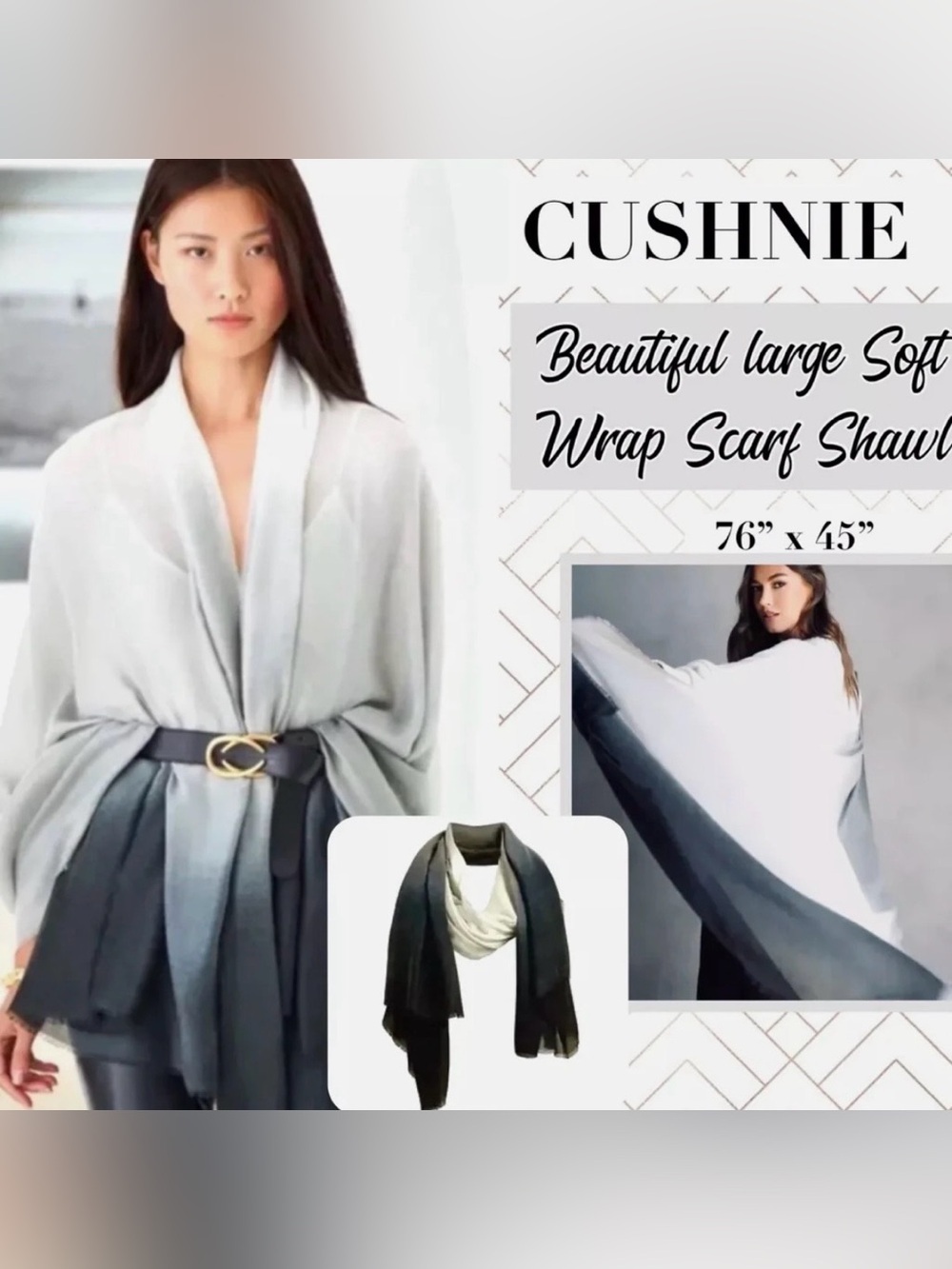 Cushnie Gray Ombre Fashion Wrap Scarf Shawl Lagenlook Romantic Goth Indie Boho